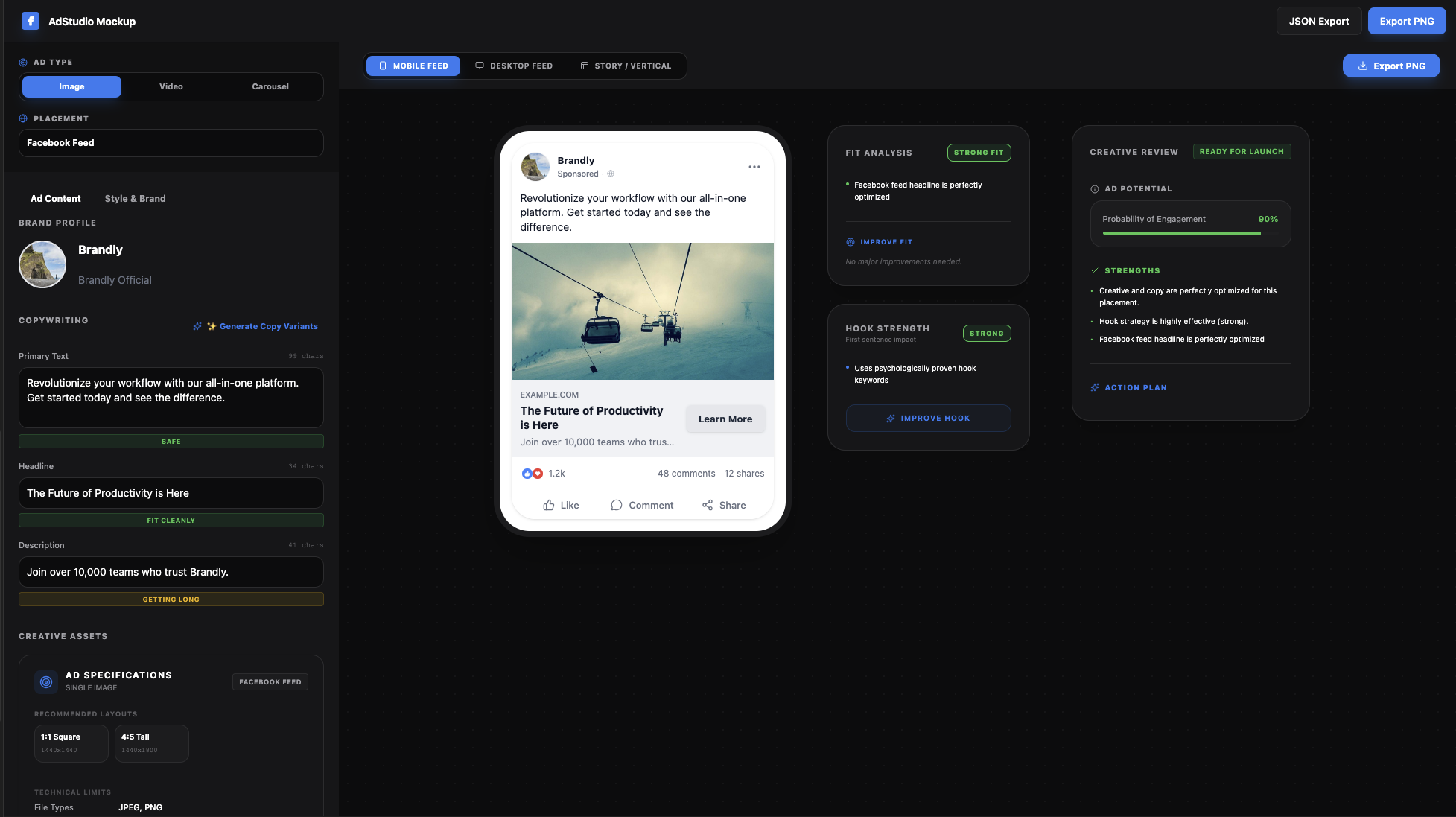 Ad Studio mobile feed with fit analysis