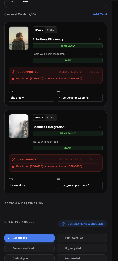 Per-card carousel validation
