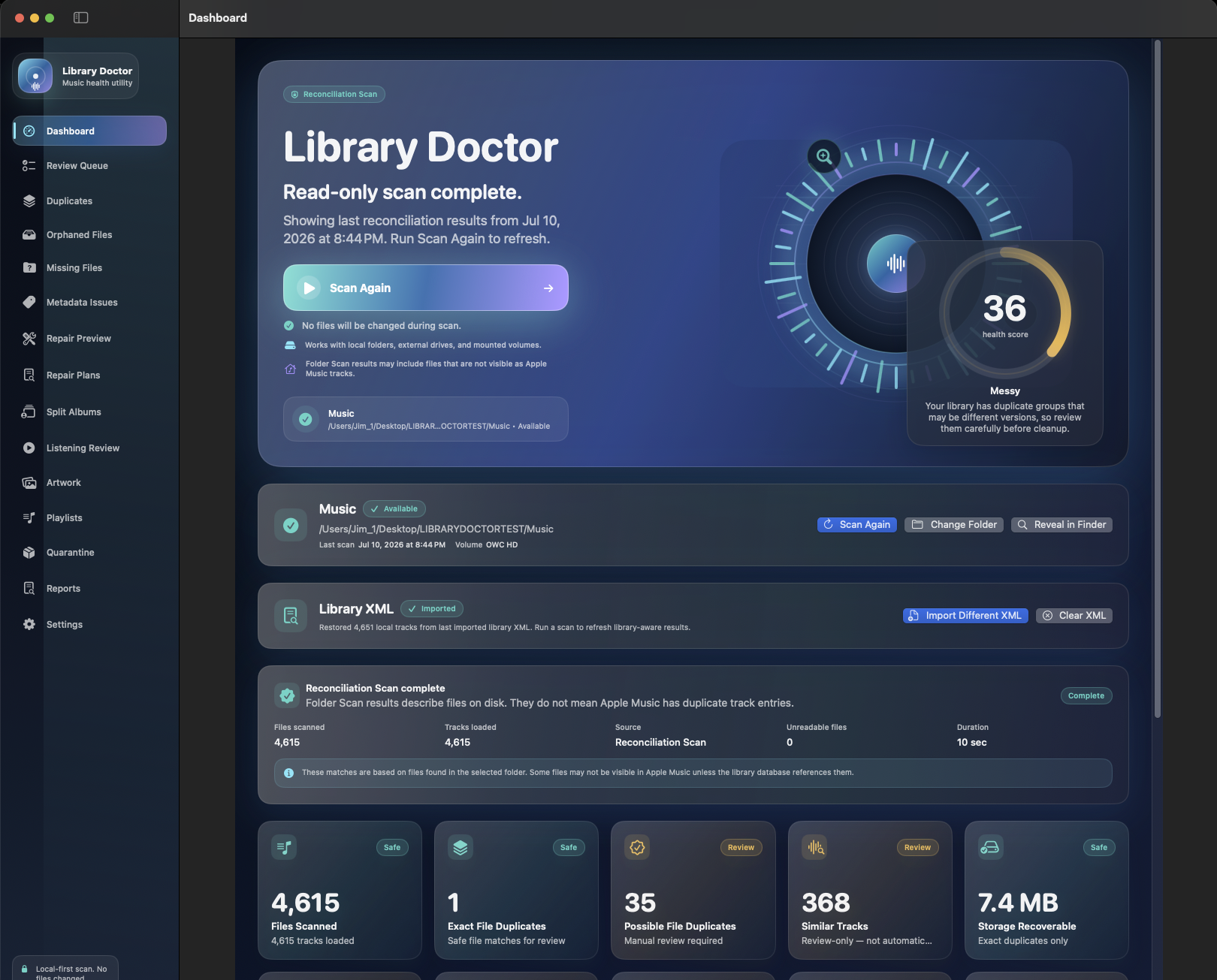Library Doctor dashboard — health score 36