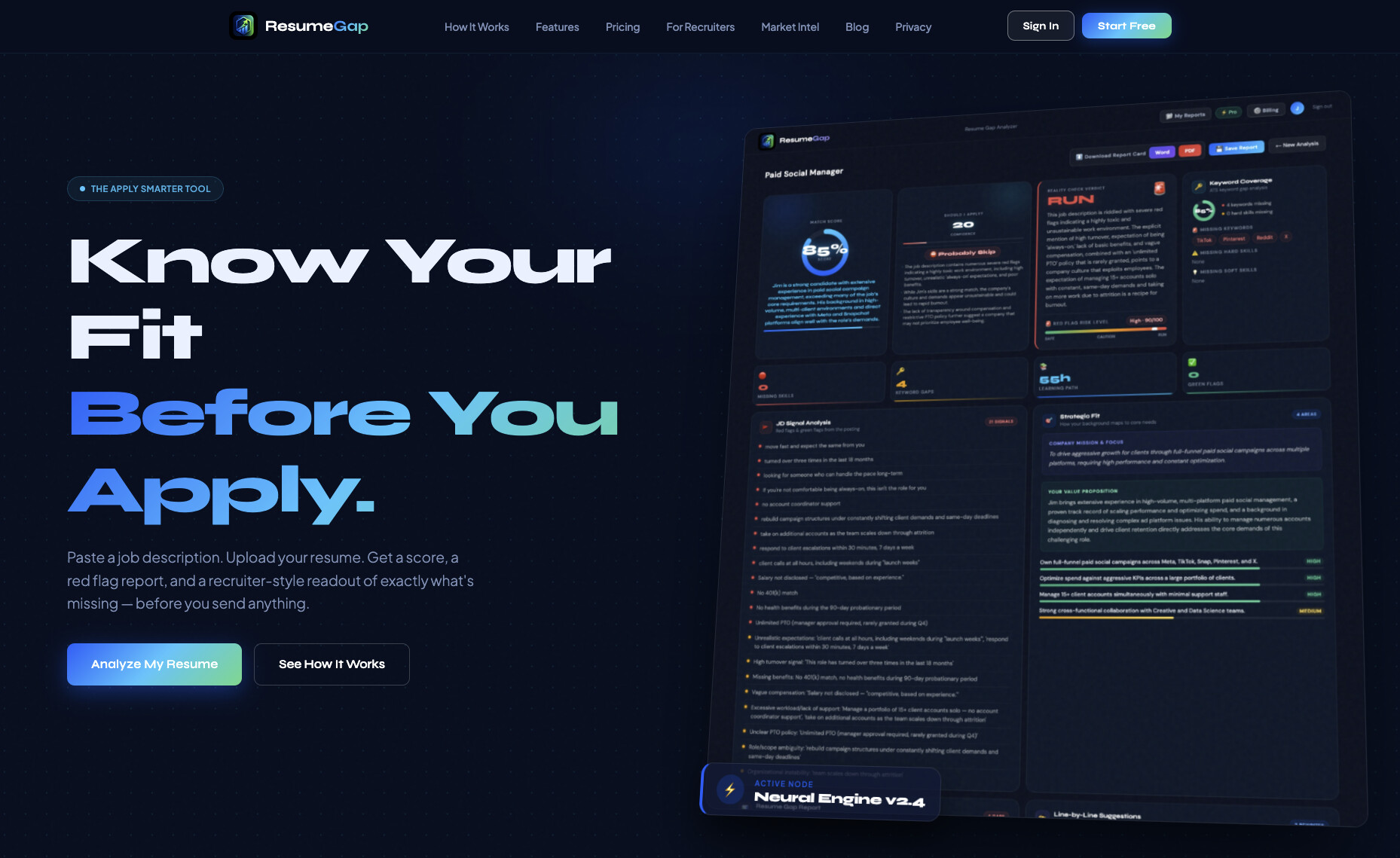 ResumeGap landing page — Know Your Fit Before You Apply