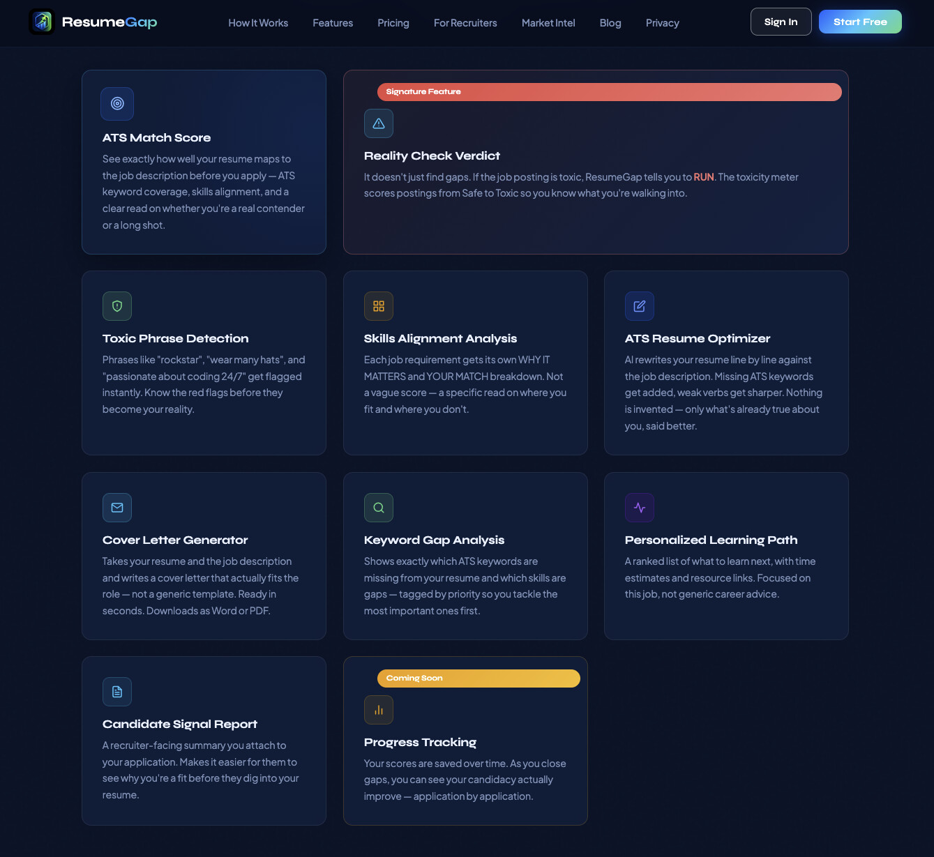 ResumeGap features — ATS Match, Reality Check, Toxic Phrases