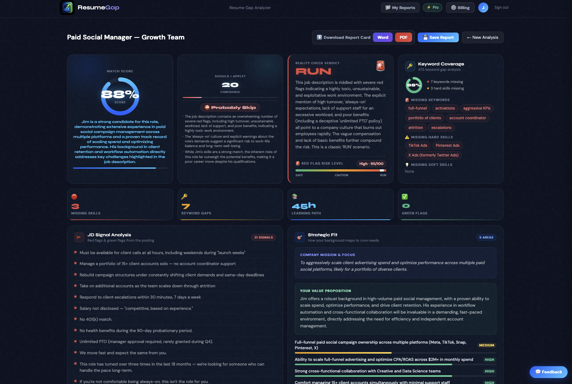 ResumeGap analysis dashboard