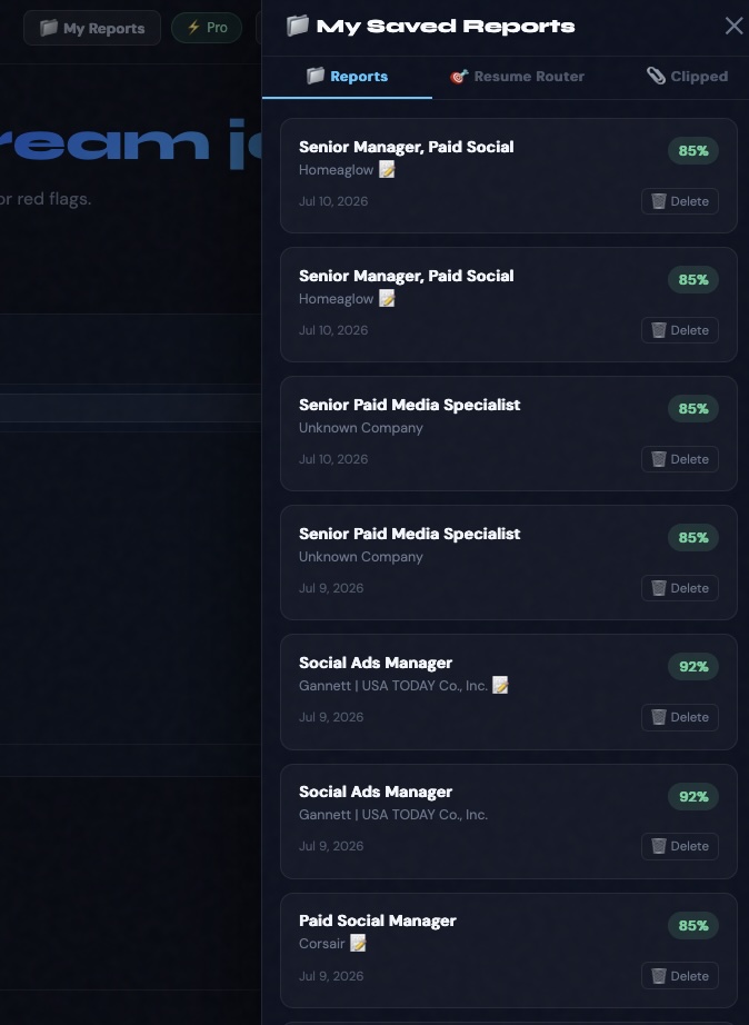 ResumeGap saved reports panel