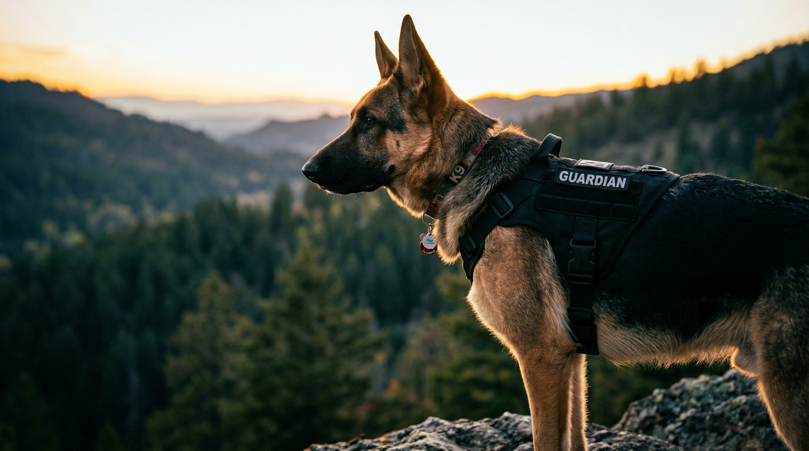 Thor — K9 Guardian, tactical harness on a mountain ridge